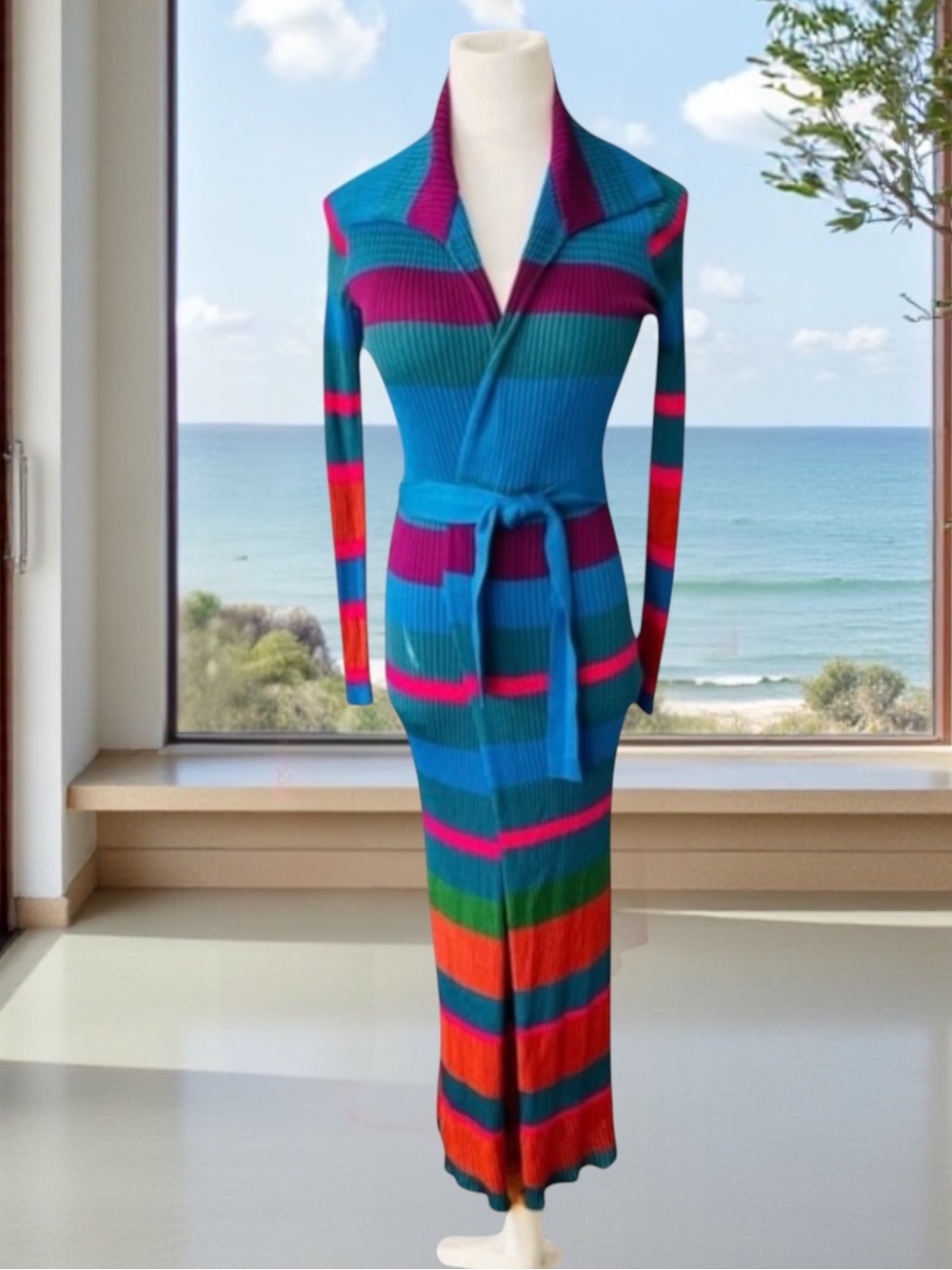ETRO KNIT MULTICOLOR MAXI BELTED CARDI-COAT SWEATER SIZE 38